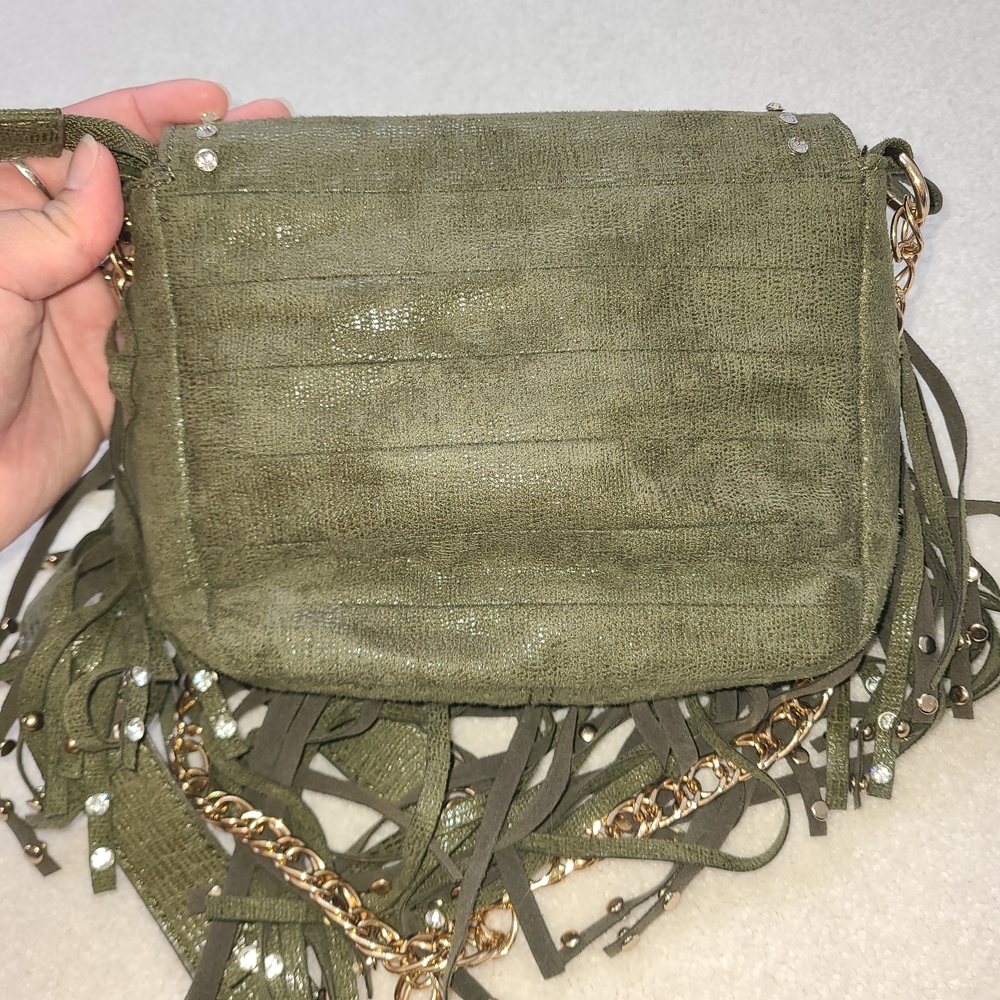 LIKE NEW CACHE Olive Green Faux Suede Crossbody with Studded Gem Detail & Fringe - Picture 10 of 10